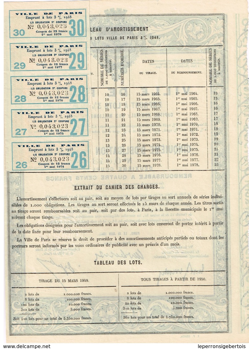 Titre Ancien - Ville De Paris - Emprunt à Lots 3% 1948 - Autres & Non Classés