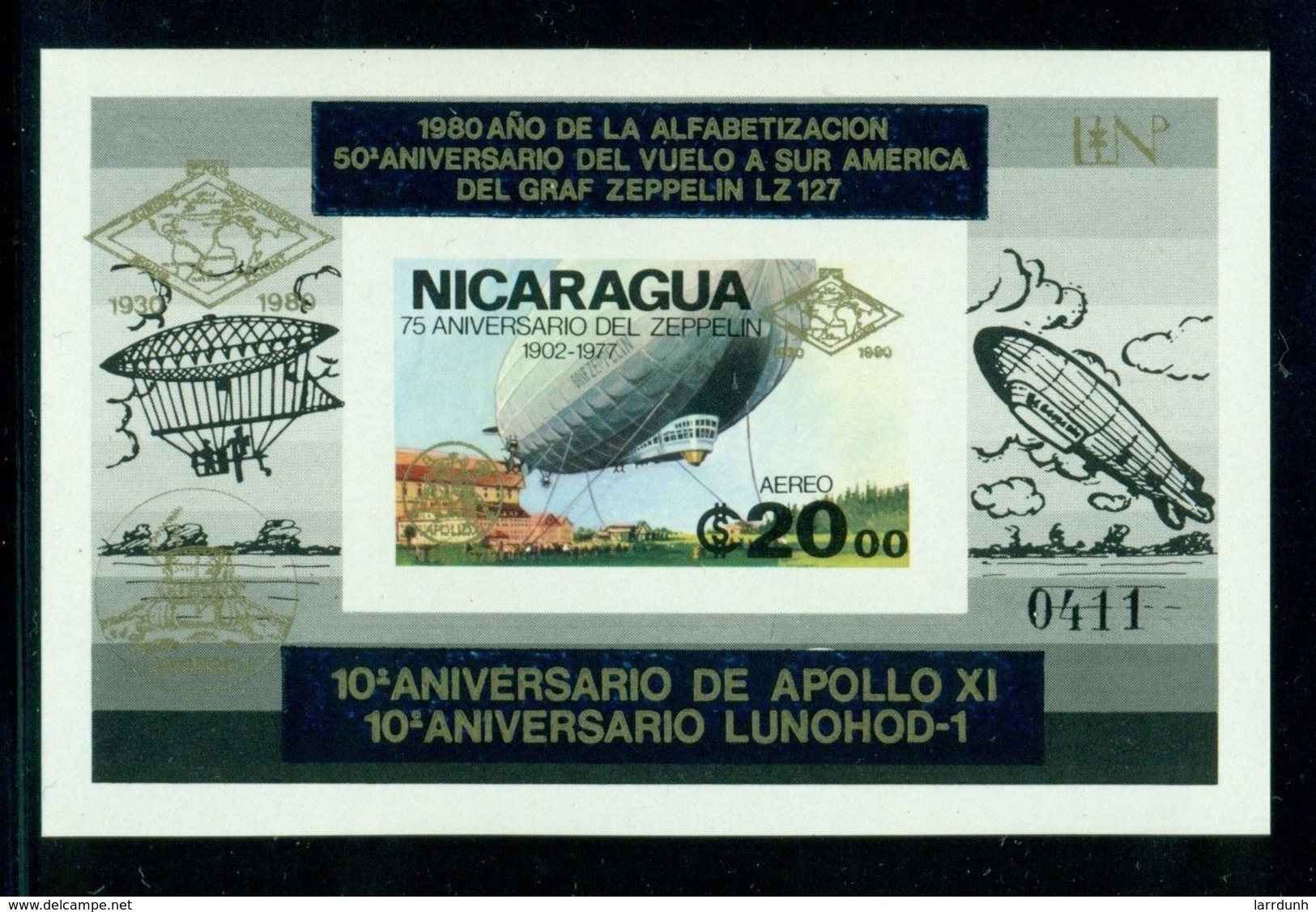 Nicaragua  Zeppelin Ready For Flight Ovpt Gold Apollo XI Lunohod-1 10th Anniv Souvenir Sheet Block Imperf MNH 1977 A04s - Nicaragua