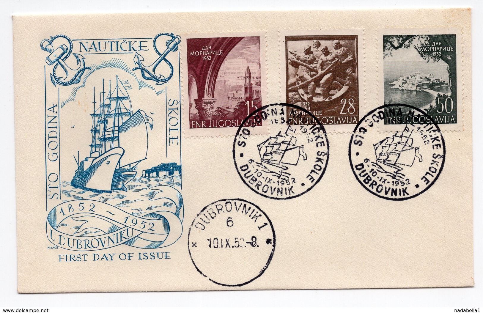 YUGOSLAVIA, FDC, 10.09.1952, COMMEMORATIVE ISSUE: DUBROVNIK, 100 YEARS OF NAVAL COLLEGE 1852-1952 - FDC