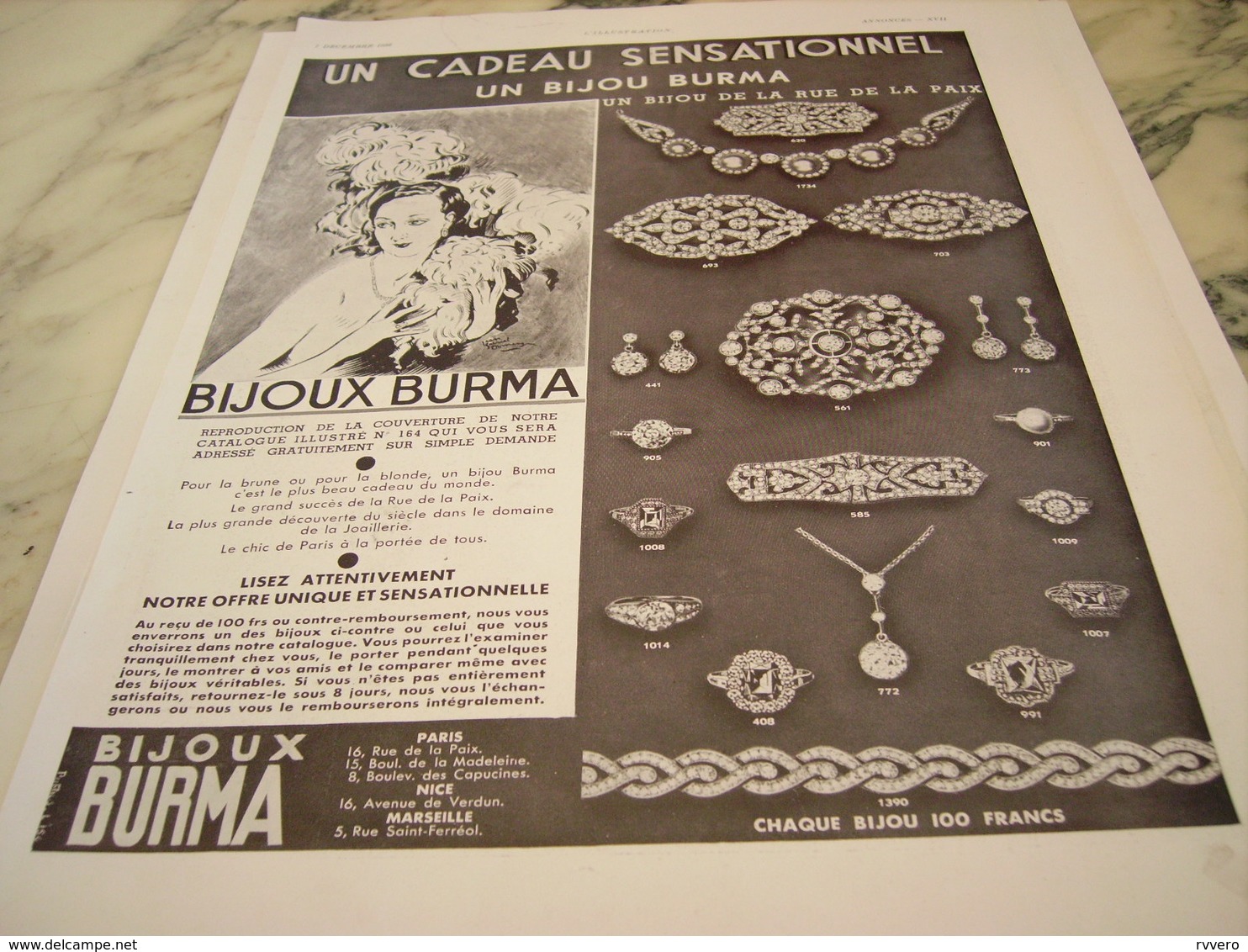 ANCIENNE PUBLICITE SENSATIONNEL BIJOUX  BURMA 1935 - Autres & Non Classés