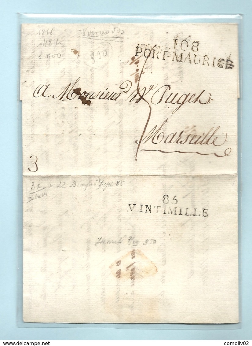 Département Conquis De Montenotte - Port Maurice Pour Marseille. Au Verso, MP 85/VINTIMILLE. - 1792-1815: Départements Conquis