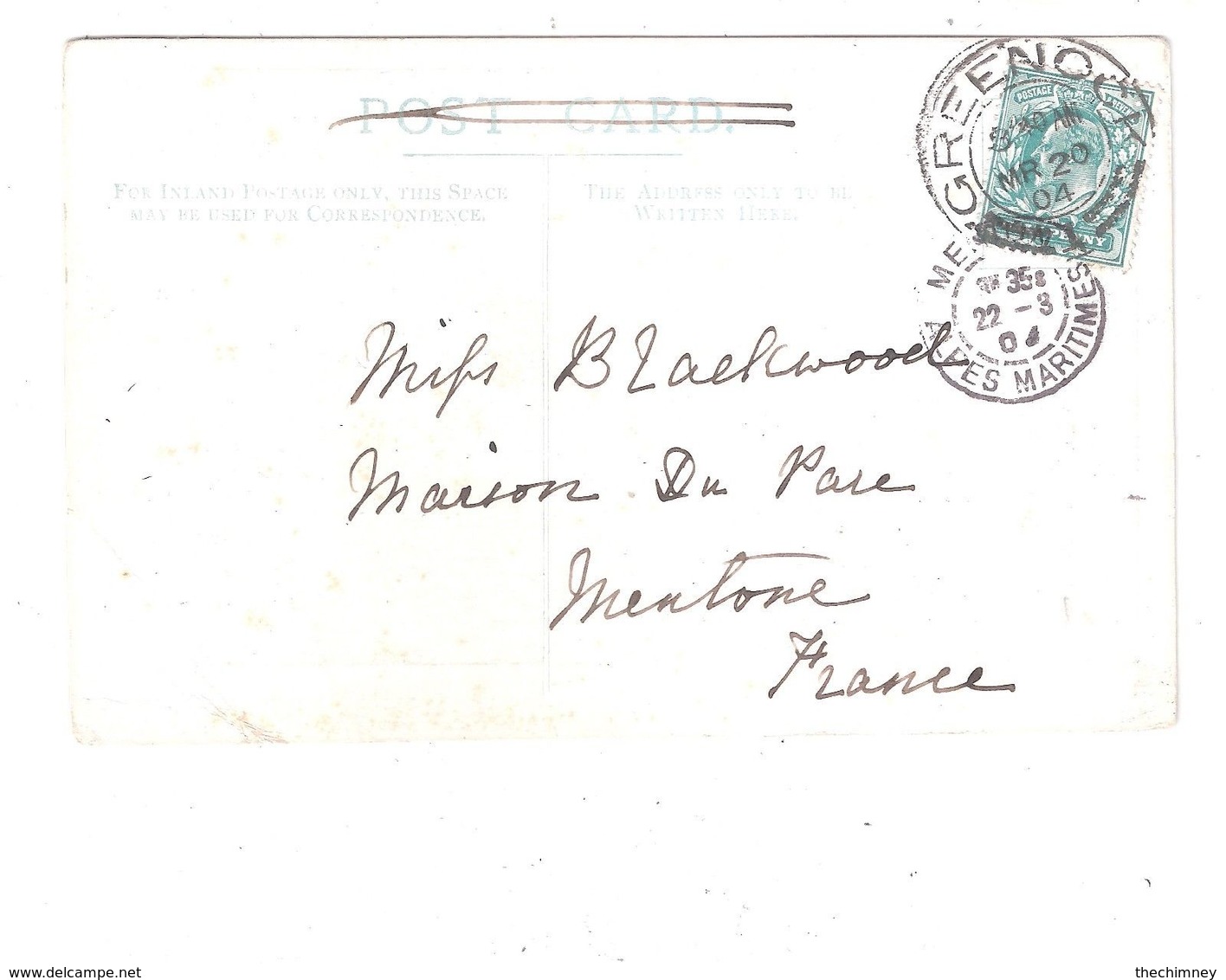 OLD GREENOCK SERIES MANSION HOUSE RENFREWSHIRE 1904 GREENOCK POSTMARK FRENCH POSTMARK - Renfrewshire