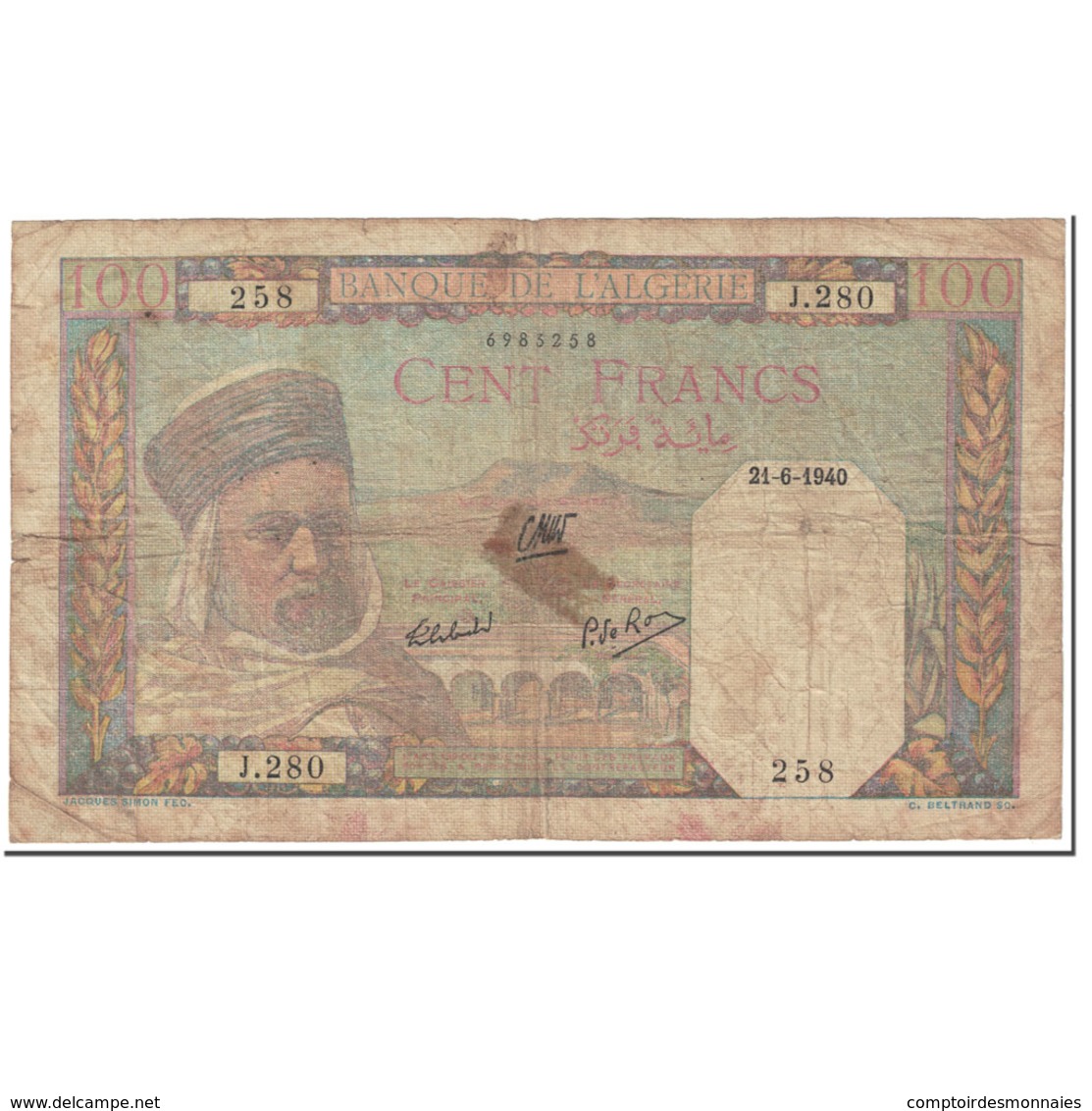 Billet, Algeria, 100 Francs, 1940, 1940-09-30, KM:85, B - Algérie