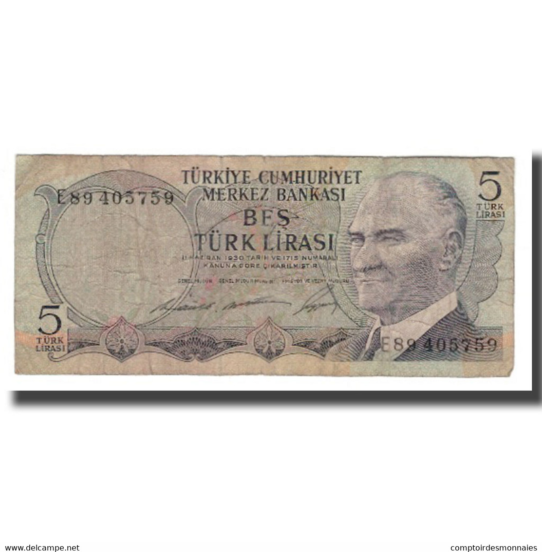 Billet, Turquie, 5 Lira, L.1930, KM:179, B+ - Turquie