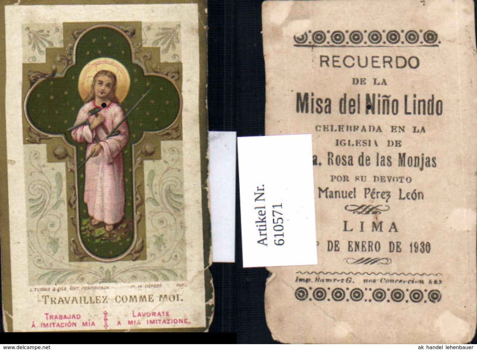 610571,Andachtsbild Heiligenbildchen Jesus Lima Peru 1930 - Andachtsbilder