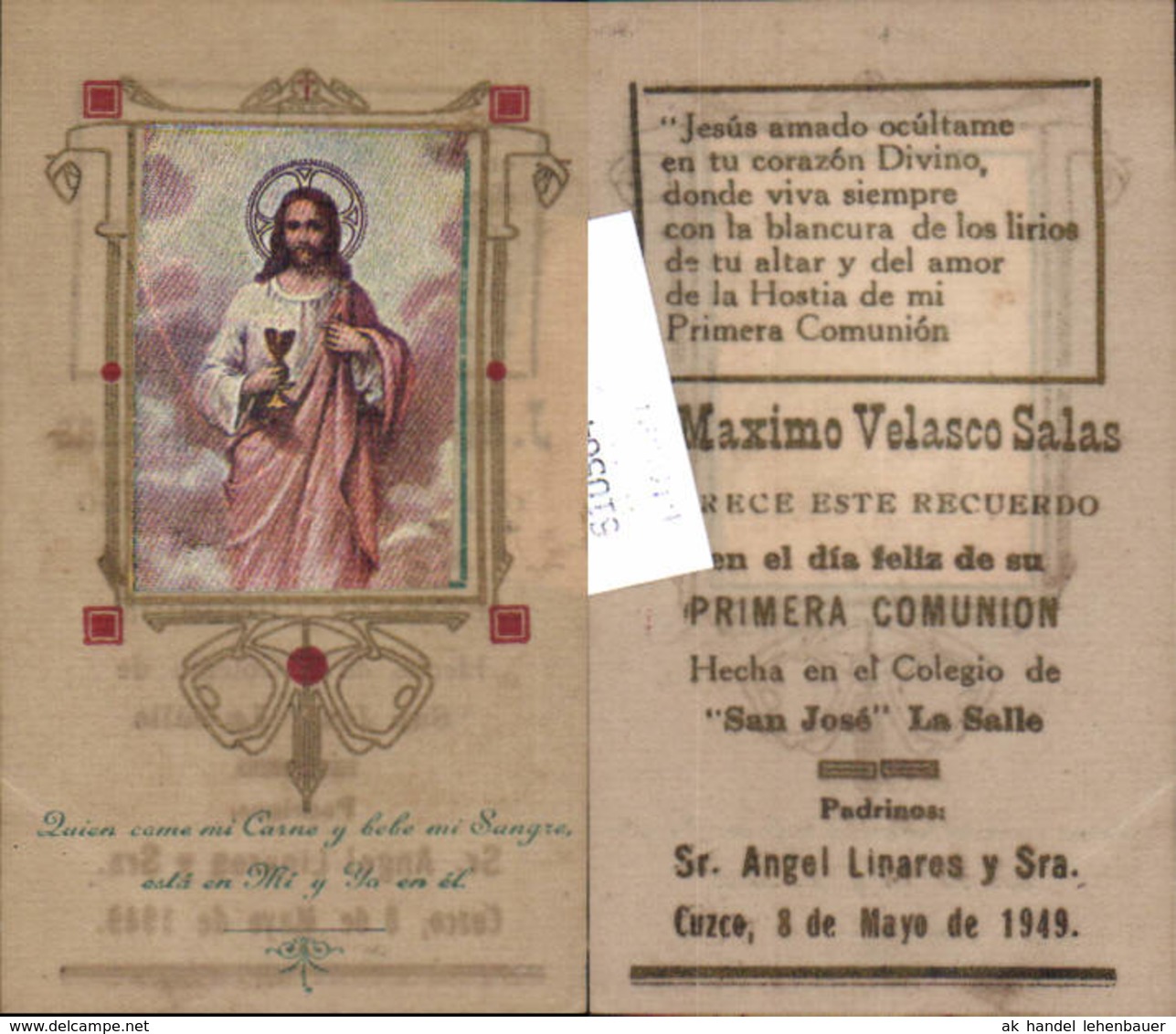 610564,Andachtsbild Heiligenbildchen Jesus Kelch Cuzce Peru 1949 - Andachtsbilder