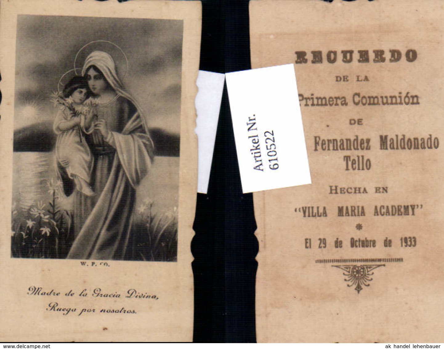 610522,Andachtsbild Heiligenbildchen Maria Jesus 1933 Villa Maria Academy - Andachtsbilder