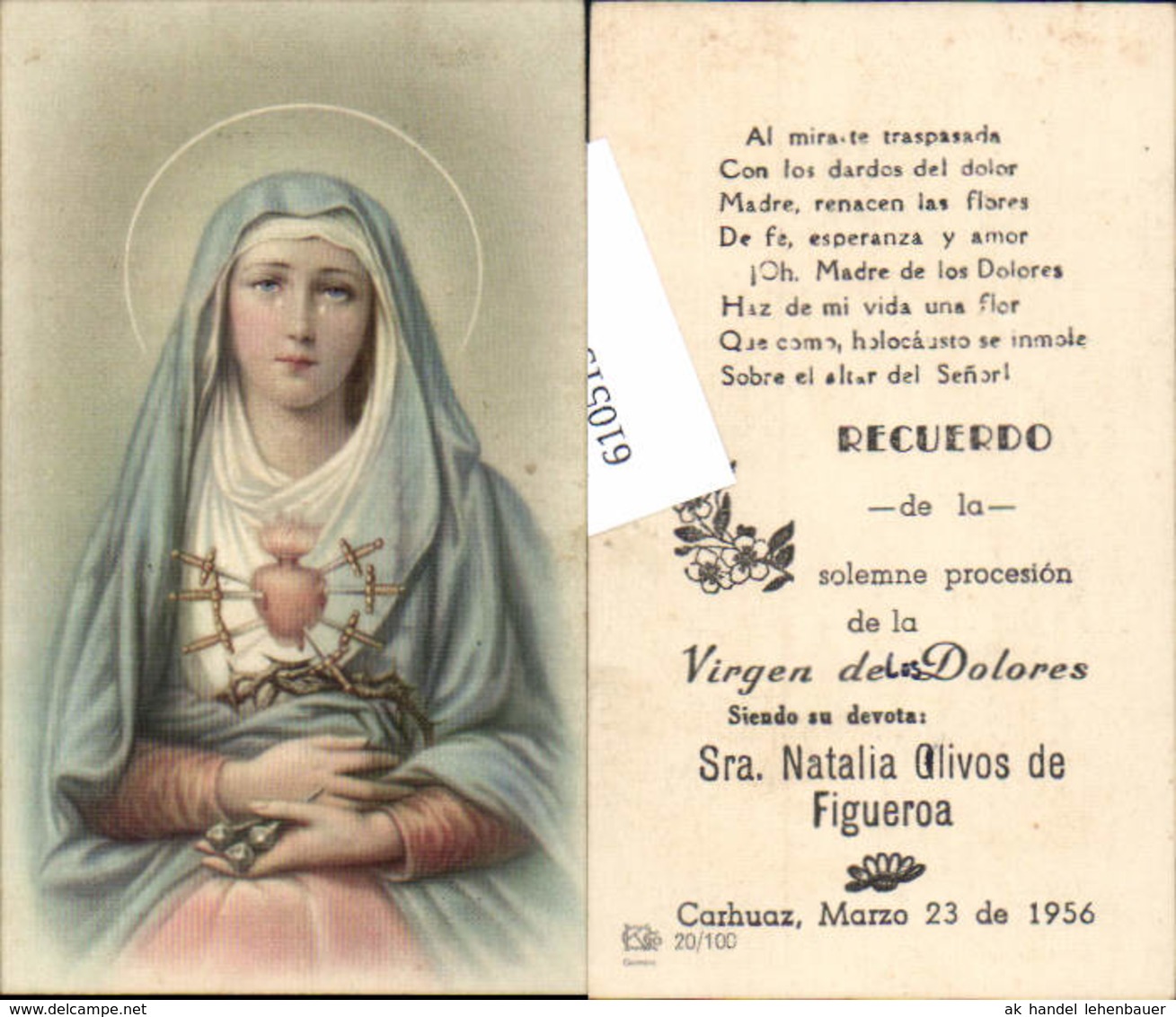 610515,Andachtsbild Heiligenbildchen Herz Maria Carhuaz Peru 1956 - Devotion Images