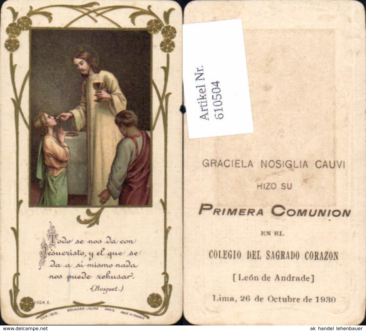 610504,Andachtsbild Heiligenbildchen Jesus Kommunion Peru Lima - Andachtsbilder