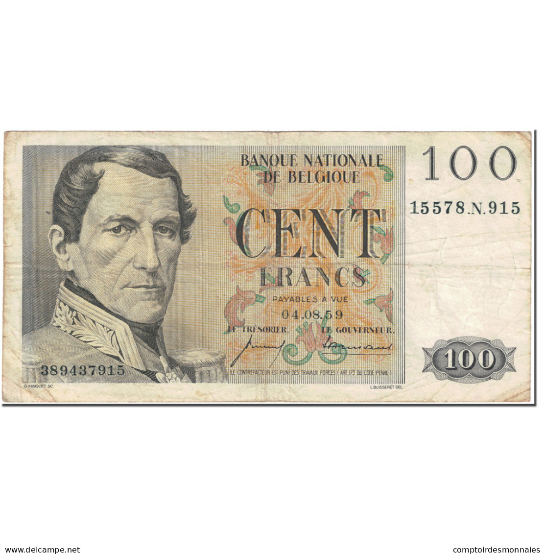 Billet, Belgique, 100 Francs, 1959, 1959-08-04, KM:129c, TB - 100 Franchi