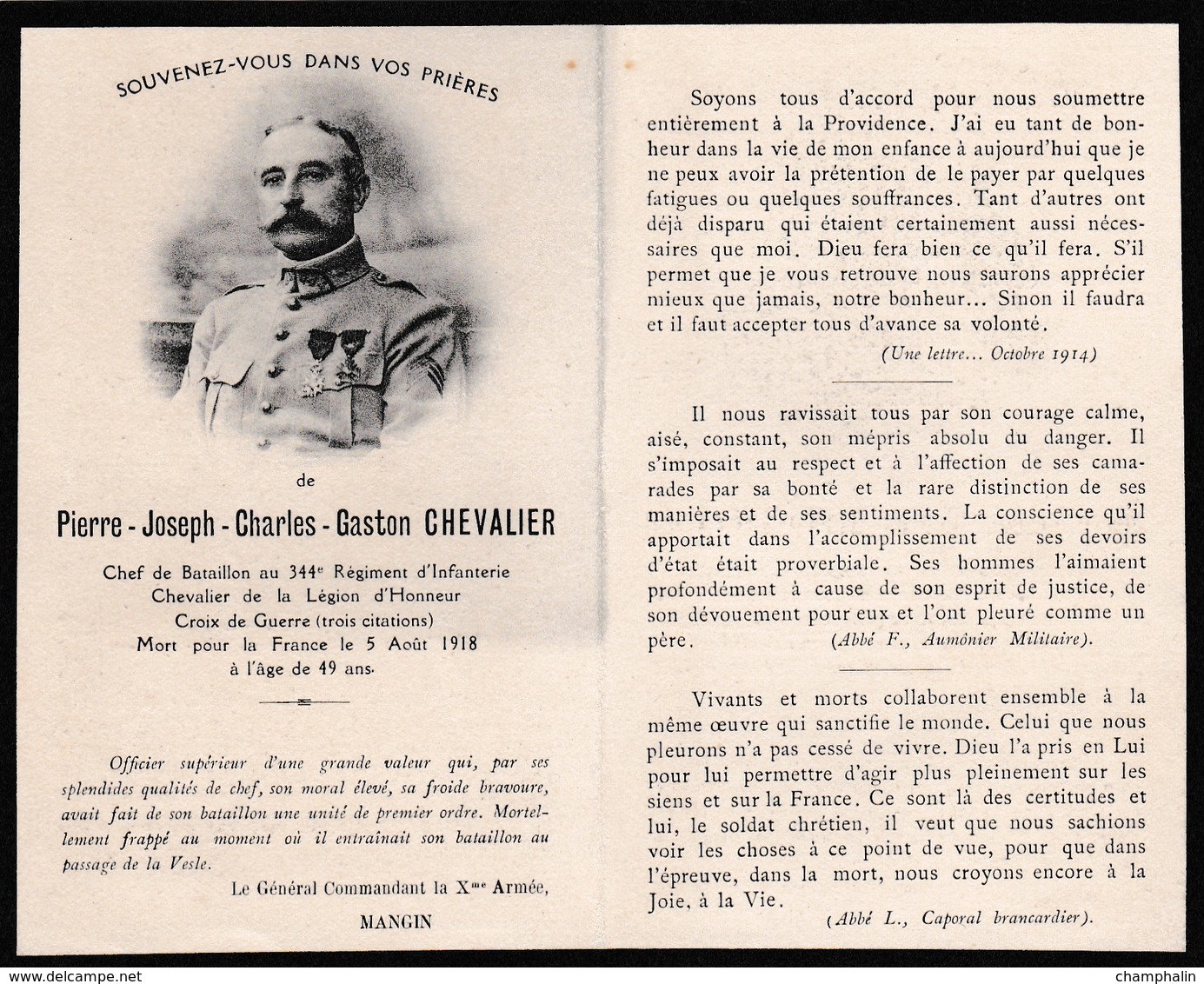 Mémento Décès - Pierre-Joseph Chevalier - 344ème Régiment D'Infanterie - 5/8/18 - Vianne (47) - Virly (Jouaignes 02) WWI - Décès