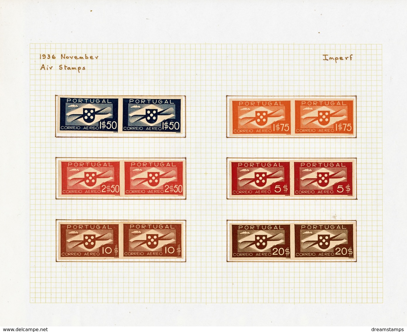 !										■■■■■ds■■ Portugal AIR POST 1936 AF#01-10* Propeller Set IMPERFORATED CERTIFIED 3 Scans - Unused Stamps