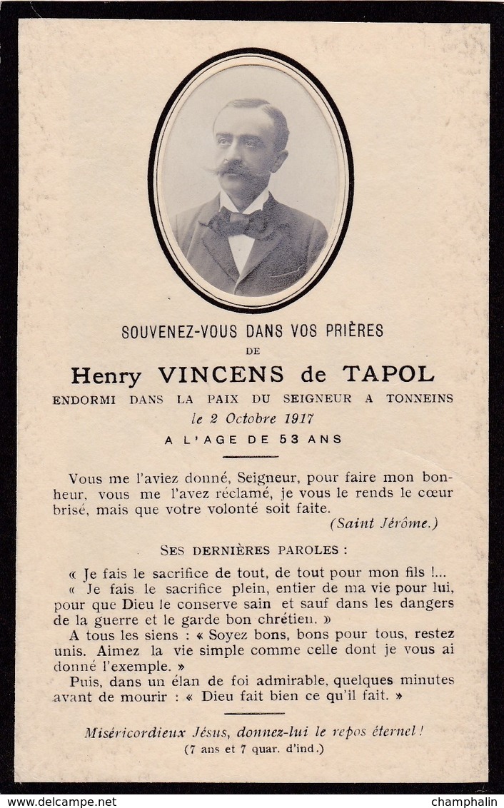 Faire-part De Décès - Mémento - Henry Vincens De Tapol - Décédé Le 2 Octobre 1917 à Tonneins (47) - Décès