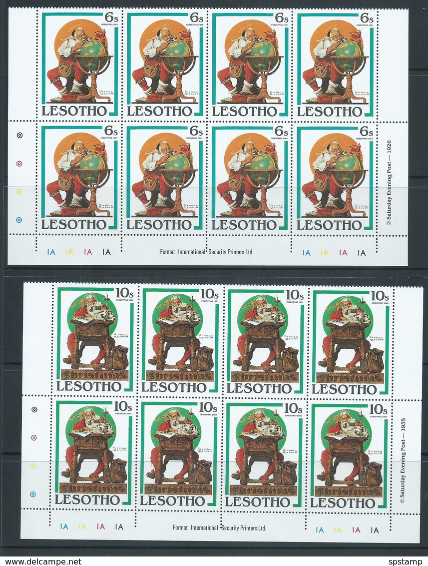 Lesotho 1981 Christmas Rockwell Paintings Set 6 Imprint & Plate Number Blocks Of 8 MNH - Lesotho (1966-...)