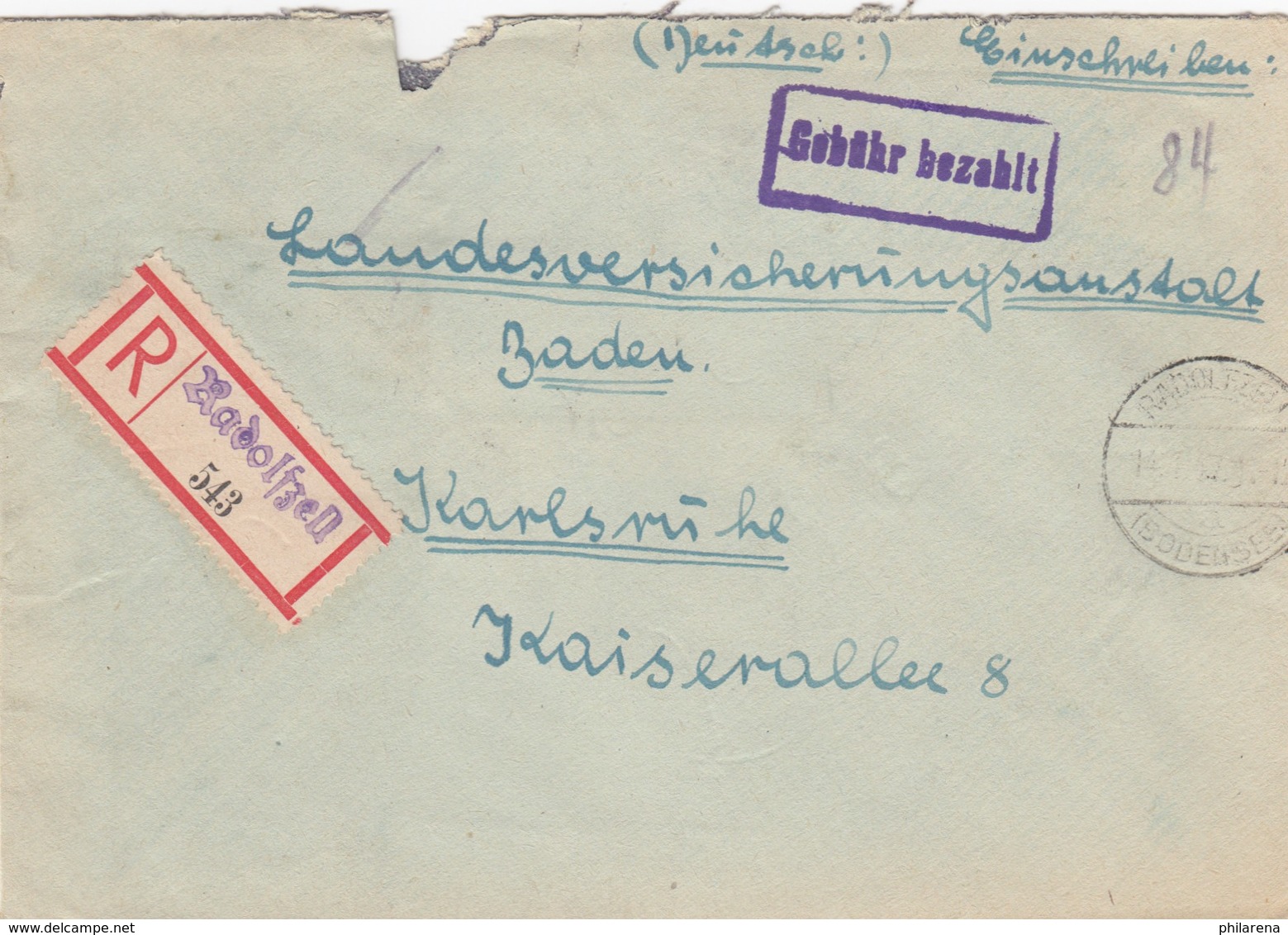 1948: Einschreiben Radolfzell, Gebühr Bezahlt Nach Karlsruhe - Autres & Non Classés