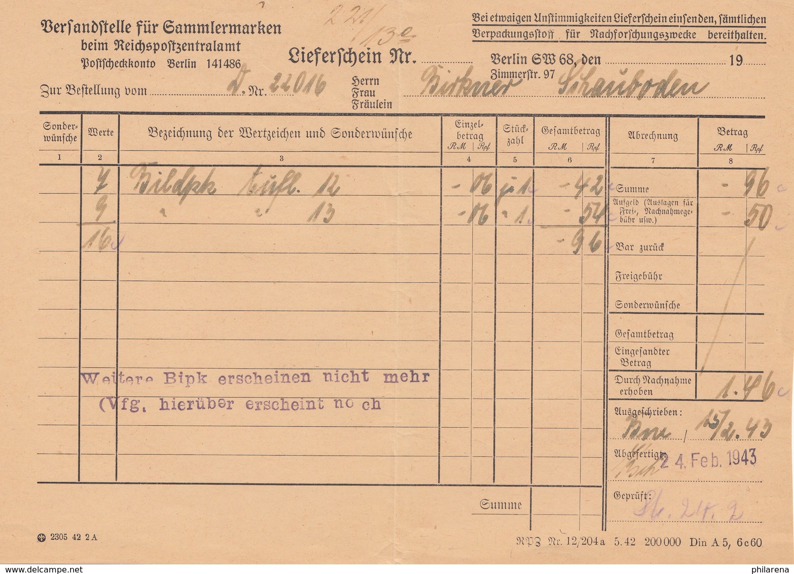 Österreich: 1943: Versandstelle Für Sammlermarken Berlin, Lieferschein - Covers & Documents