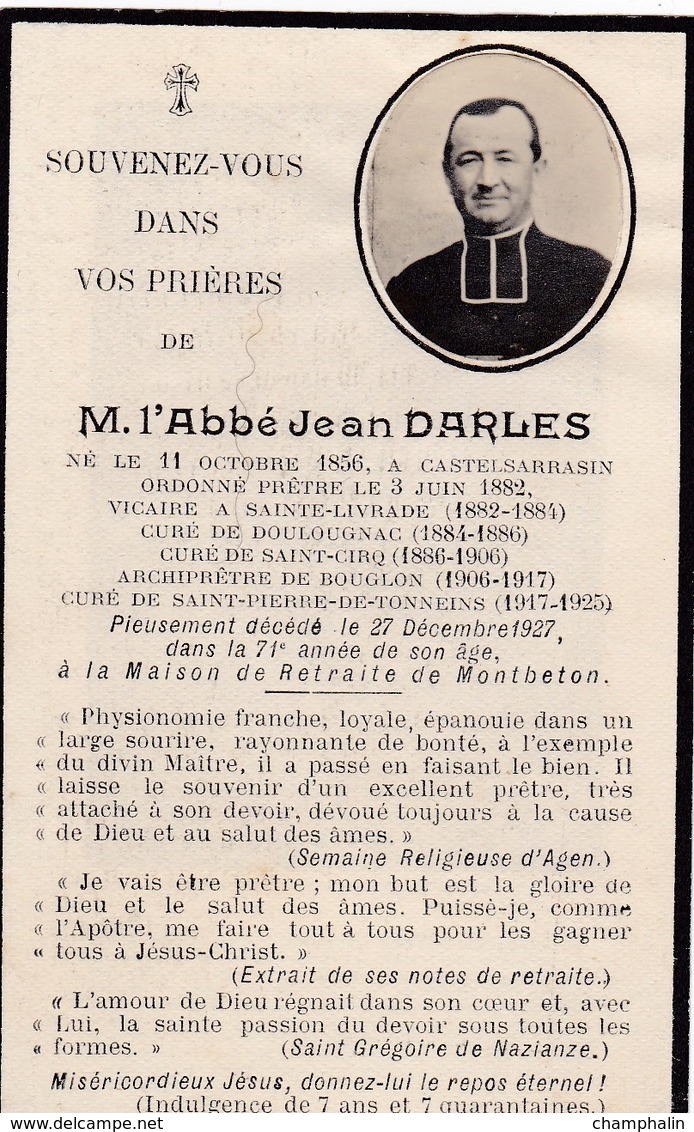 Faire-part De Décès - Mémento - Abbé Jean Darles - Castelsarrasin Ste Livrade Doulougnac St-Cirq Bouglon Tonneins - 1927 - Todesanzeige