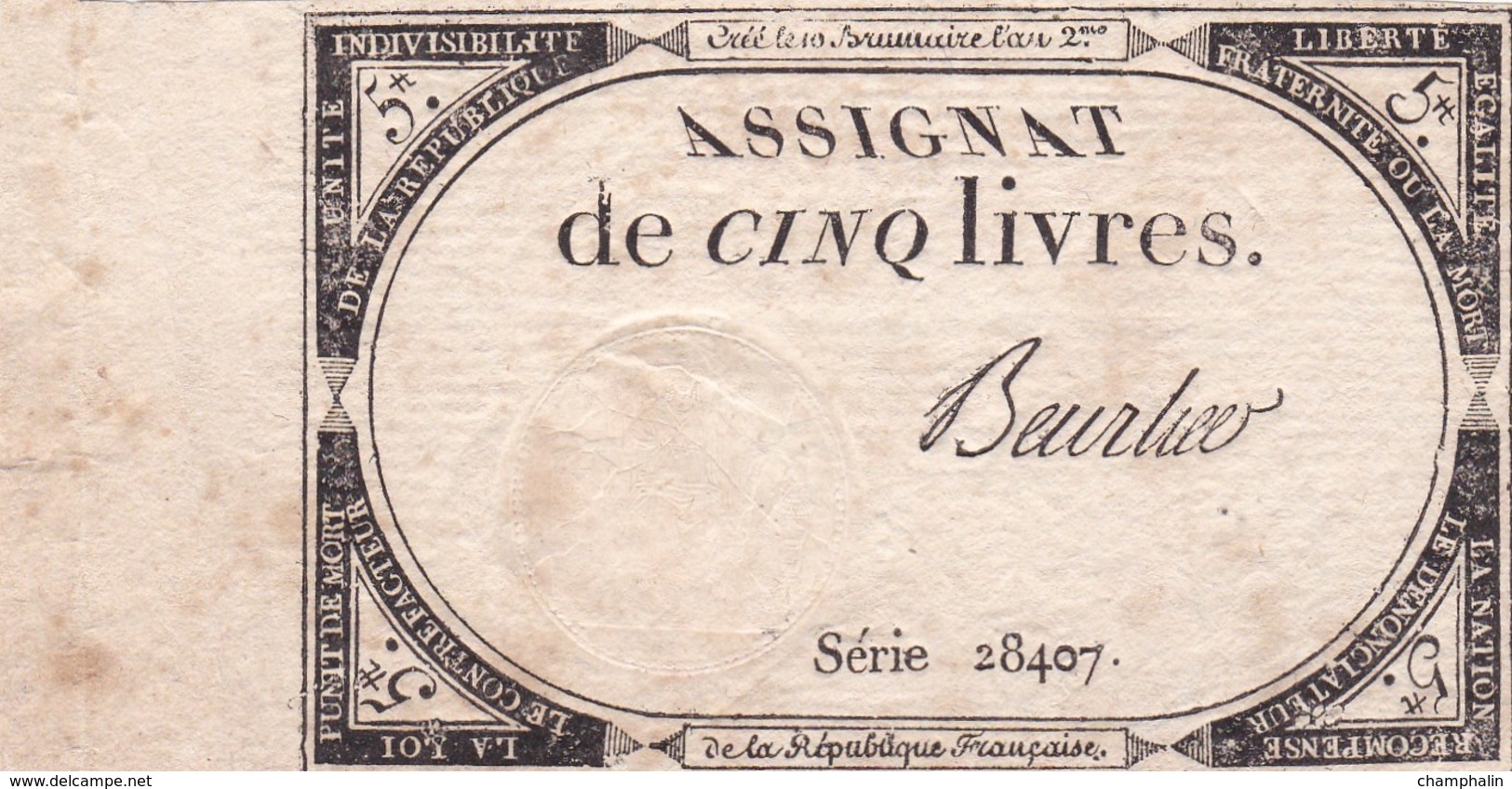 France - Assignat De 5 Livres - 10 Brumaire An 2 (31 Octobre 1793) - Série 28407 - Signature Beurlier - Assignate