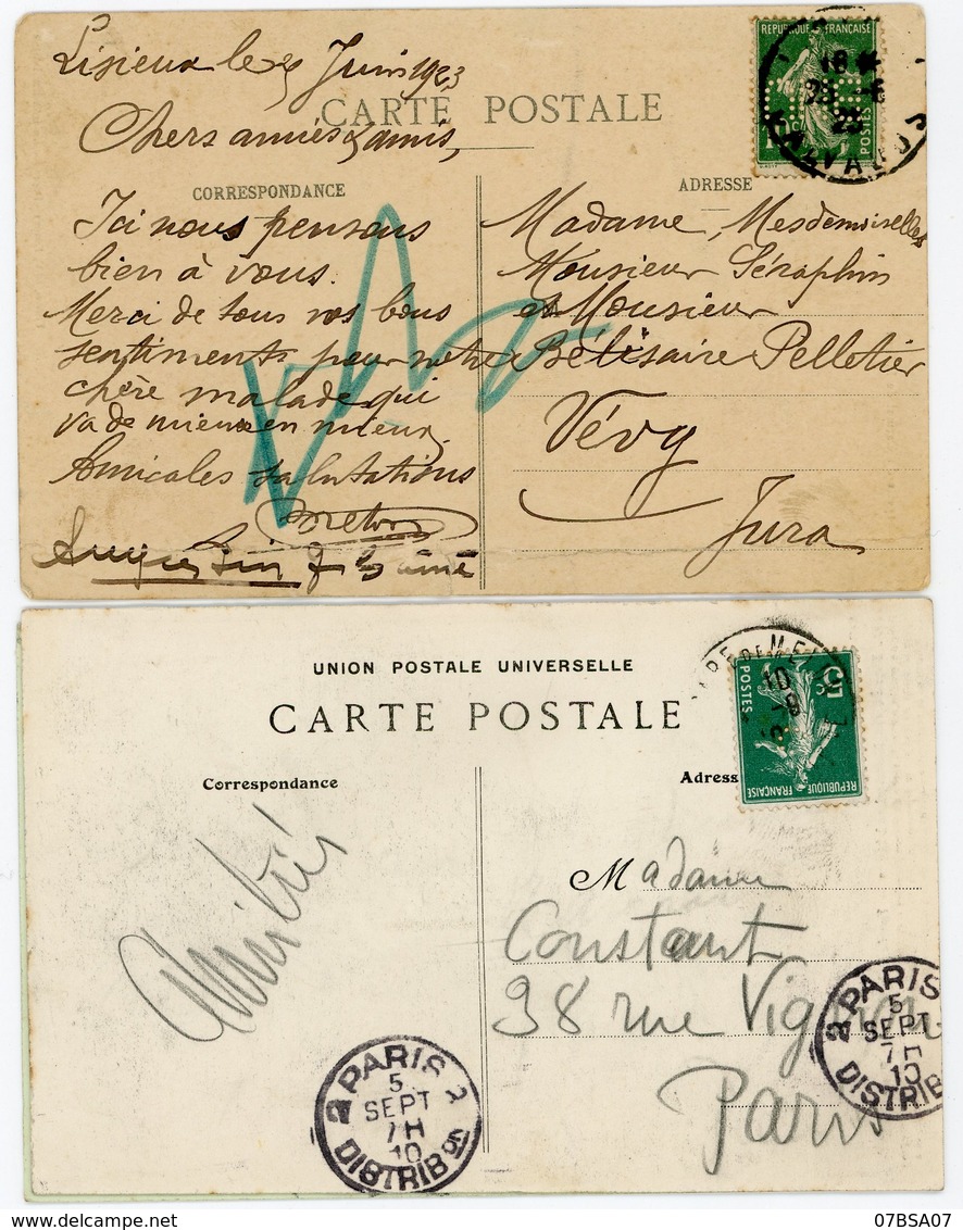 1910 1923 2 X CP AVEC USAGES FRAUDULEUX SEMEUSE PERFORES "C" ET "BNU" - 1877-1920: Période Semi Moderne