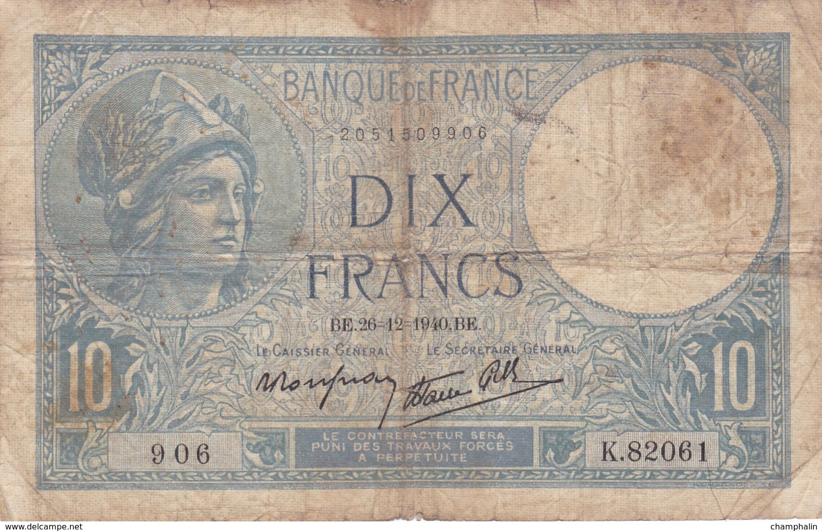 France - Billet De 10 Francs Type Minerve - 26 Décembre 1940 - 10 F 1916-1942 ''Minerve''