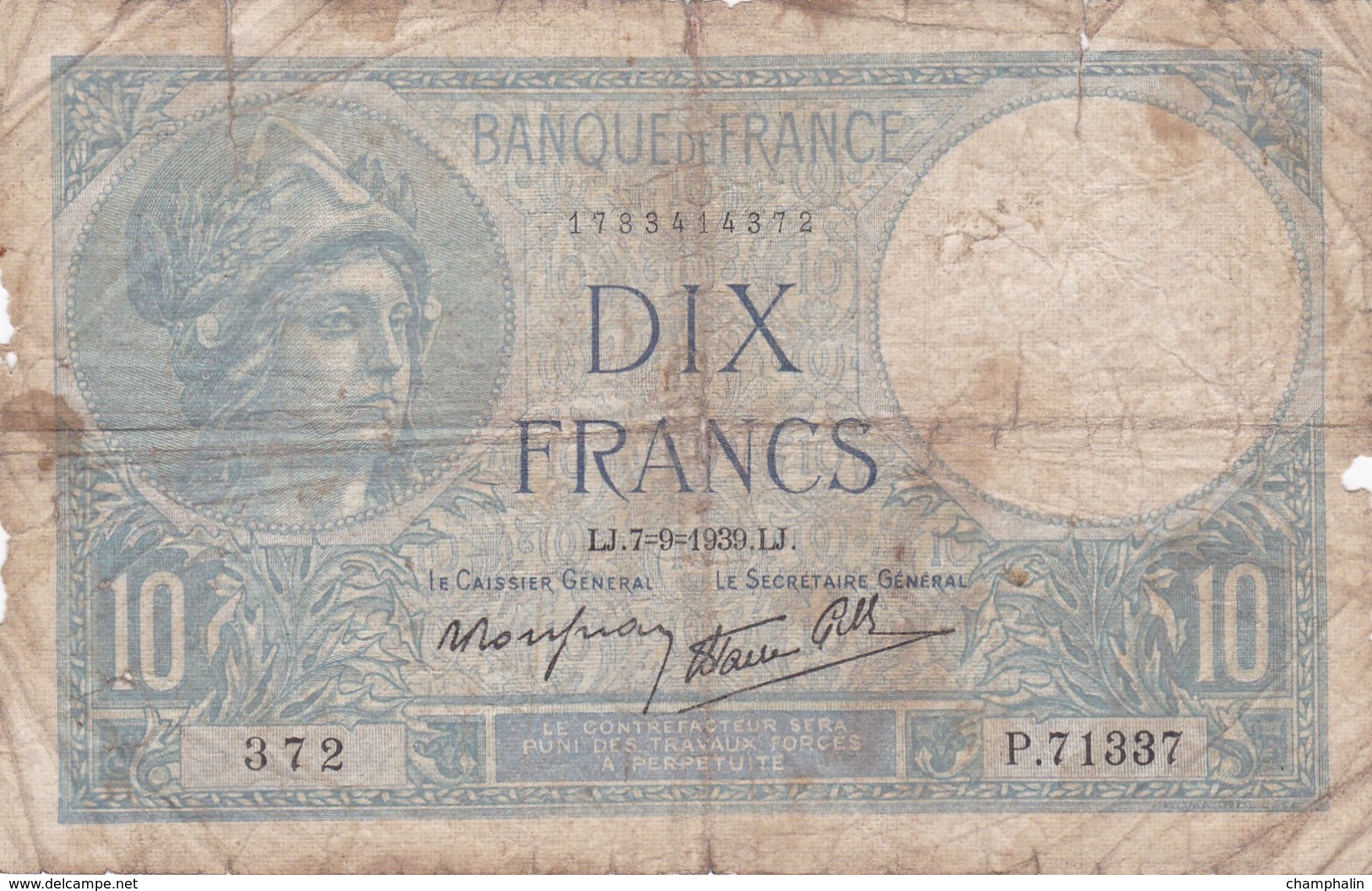 France - Billet De 10 Francs Type Minerve - 7 Septembre 1939 - 10 F 1916-1942 ''Minerve''