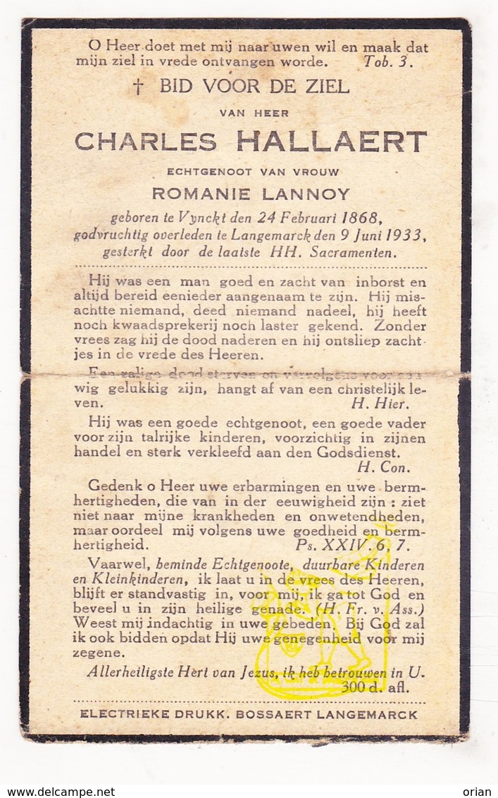 DP Charles Hallaert ° Vinkt Deinze 1868 † Langemark 1933 X Romanie Lannoy - Devotieprenten