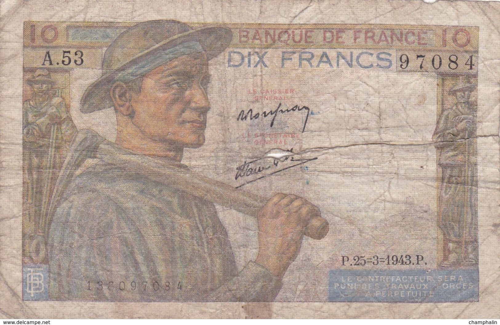 France - Billet De 10 Francs Type Mineur - 25 Mars 1943 - 10 F 1941-1949 ''Mineur''