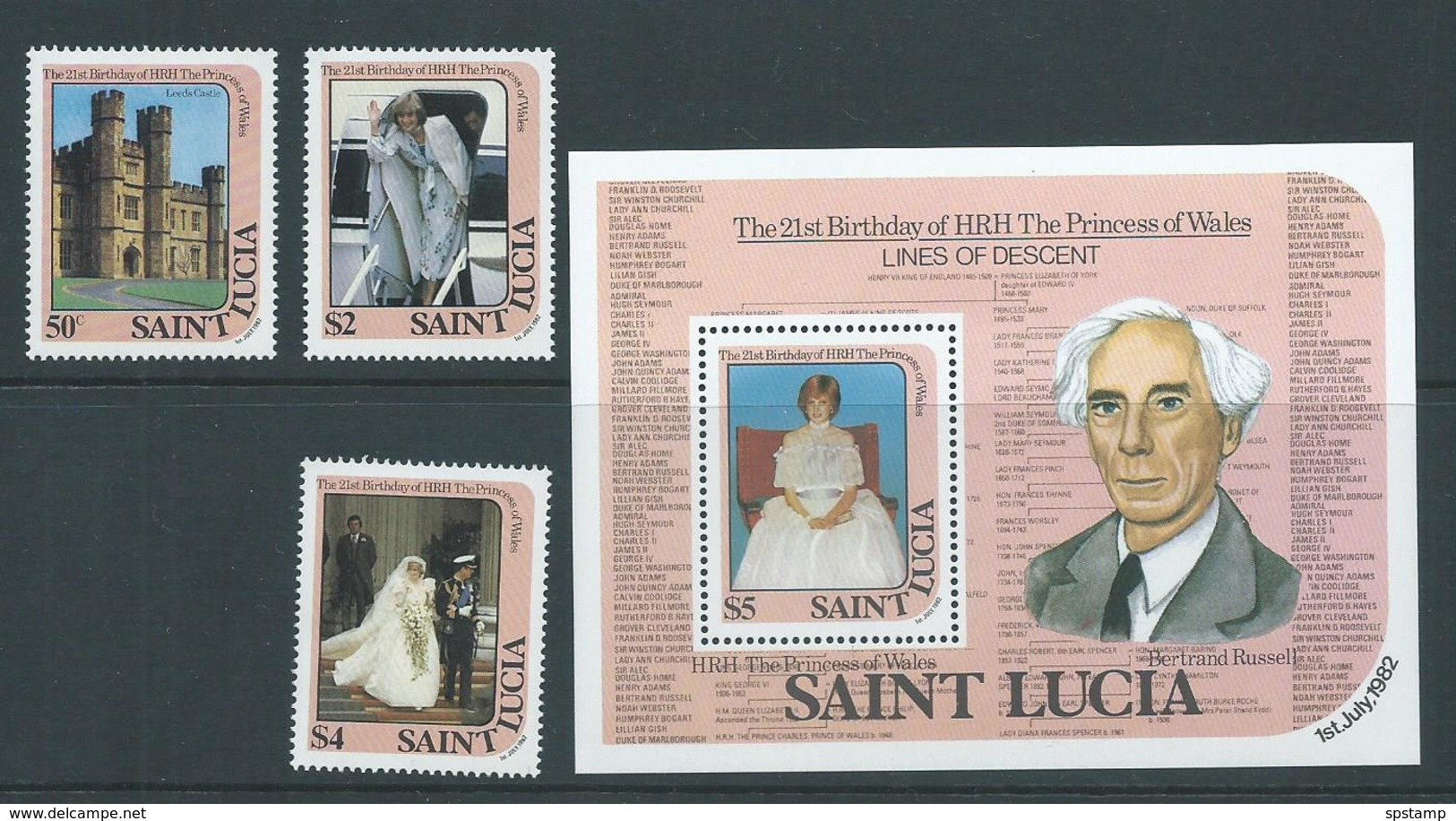 St Lucia 1982 Princess Diana 21st Birthday Set 3 & Miniature Sheet MNH - St.Lucia (1979-...)