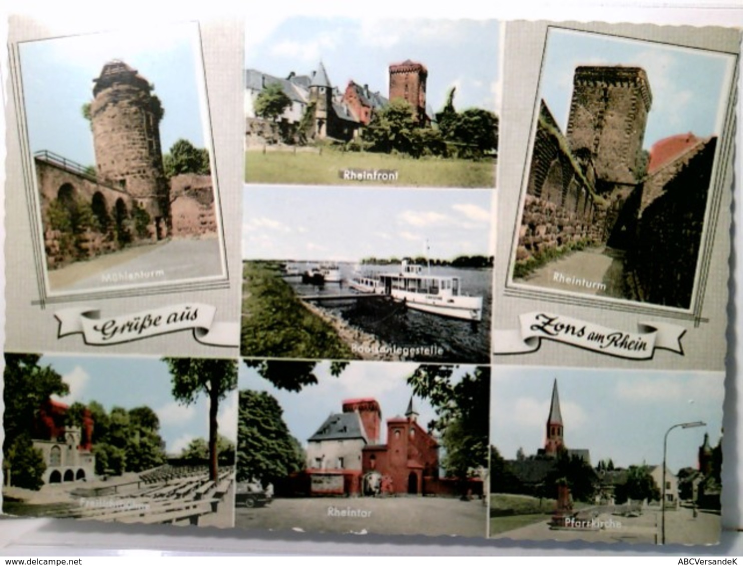 Zons Am Rhein. Alte Mehrbild AK Farbig. Mühlenturm, Rheinfront, Rheinturm, Freilichtbühne, Rheintor, Pfarrkirc - Ohne Zuordnung