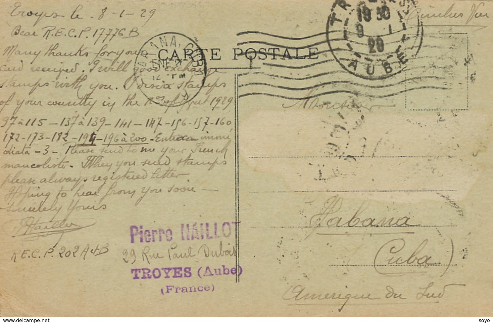 Carte Postale Troyes  Avec Timbre Semeuse Caisse Amortissement Club RECP Vers Cuba 1929 - 1921-1960: Période Moderne