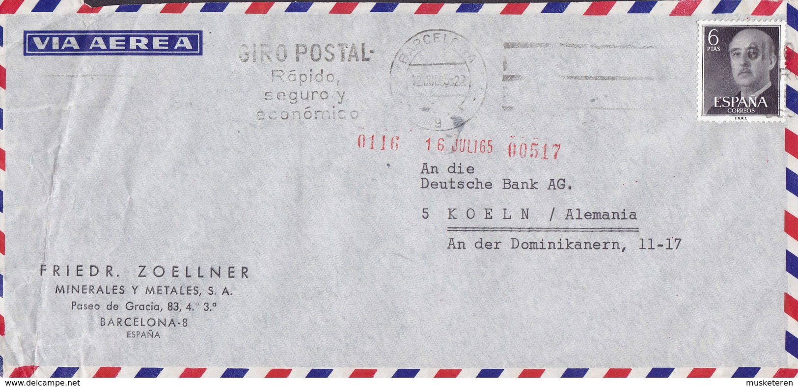 Spain Aerea FRIEDR. ZOELLNER Minerales Y Metales Slogan 'Giro Postal' BARCELONA 1965 Cover Letra DEUTSCHE BANK Germany - Briefe U. Dokumente