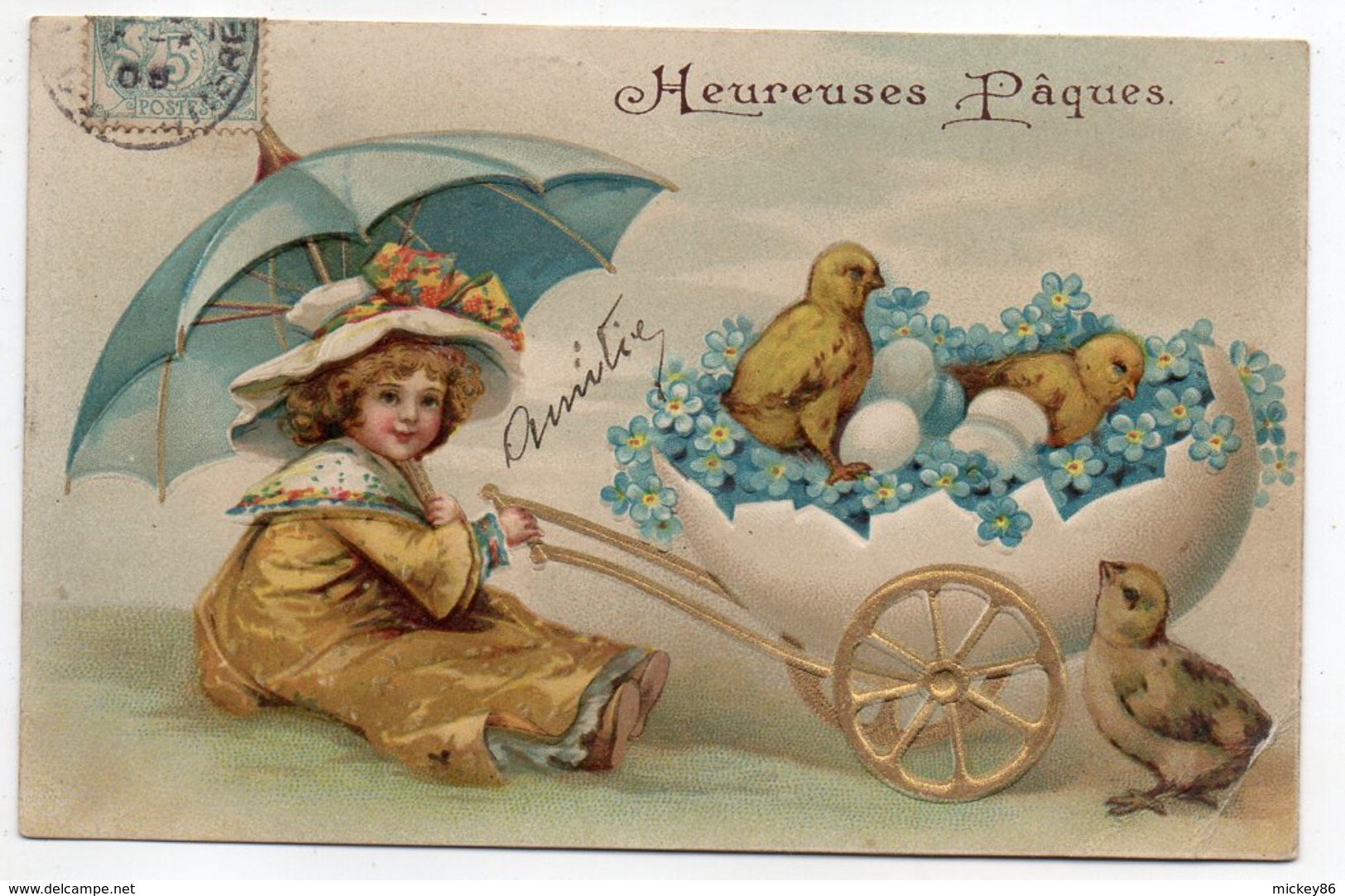 Joyeuses Pâques --1908--Fillette Sous Parapluie ,oeufs Et Poussins - Pâques