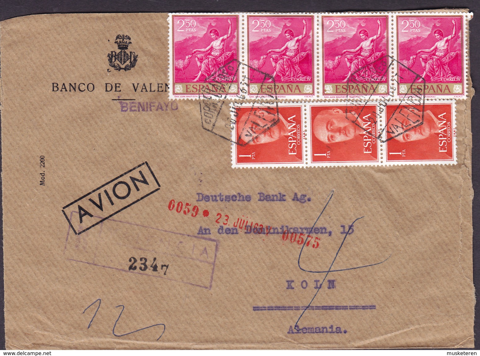 Spain BANCO DE VALENCIA Benifayo Registered Certificada VALENCIA 1963 Cover Letra DEUTSCHE BANK Germany 3- & 4-Stripes - Briefe U. Dokumente