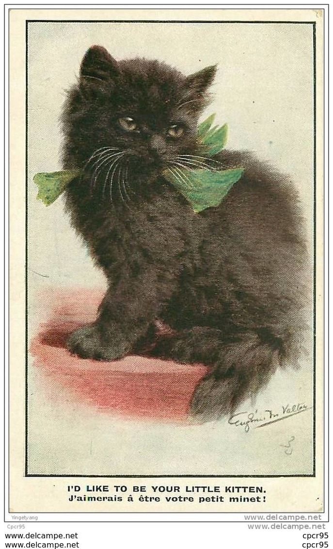 CHATS.N°1384.I'D LIKE TO BE YOUR LITTLE KITTEN.J'AIMERAIS A ETRE VOTRE PETIT MINET.CHAT NOIR AU NOEUD VERT - Chats