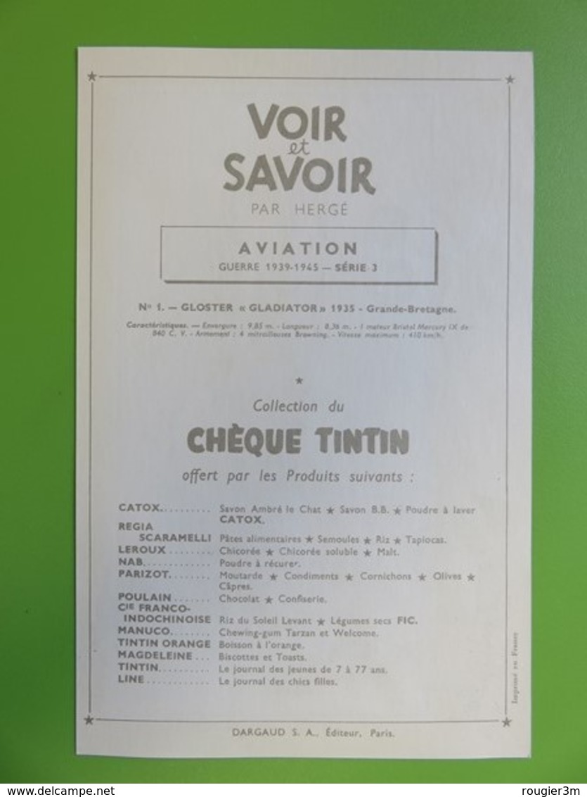 204 - Voir Et Savoir - Hergé - Collection Chèque Tintin - Aviation - N° 1 - Gloster « Gladiator » 1935 - Grande-Bretagne - Chromos