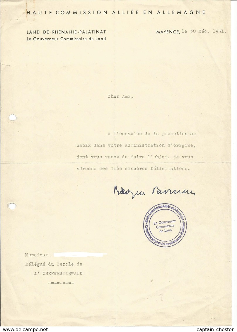 Lettre à En Tête De La Haute Commission Alliée En Allemagne - Land De Rhénanie Palatinat Mayence Mainz 1951 - Documents