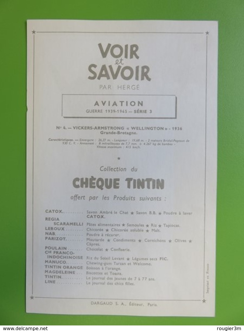 205 - Voir Et Savoir - Hergé - Collection Chèque Tintin - Aviation - N° 4 - Vickers-Armstrong « Wellington » - 1936 - Chromos