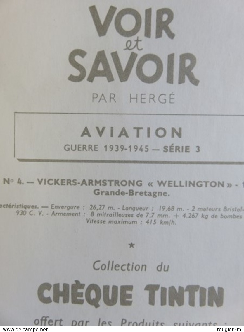 205 - Voir Et Savoir - Hergé - Collection Chèque Tintin - Aviation - N° 4 - Vickers-Armstrong « Wellington » - 1936 - Chromos