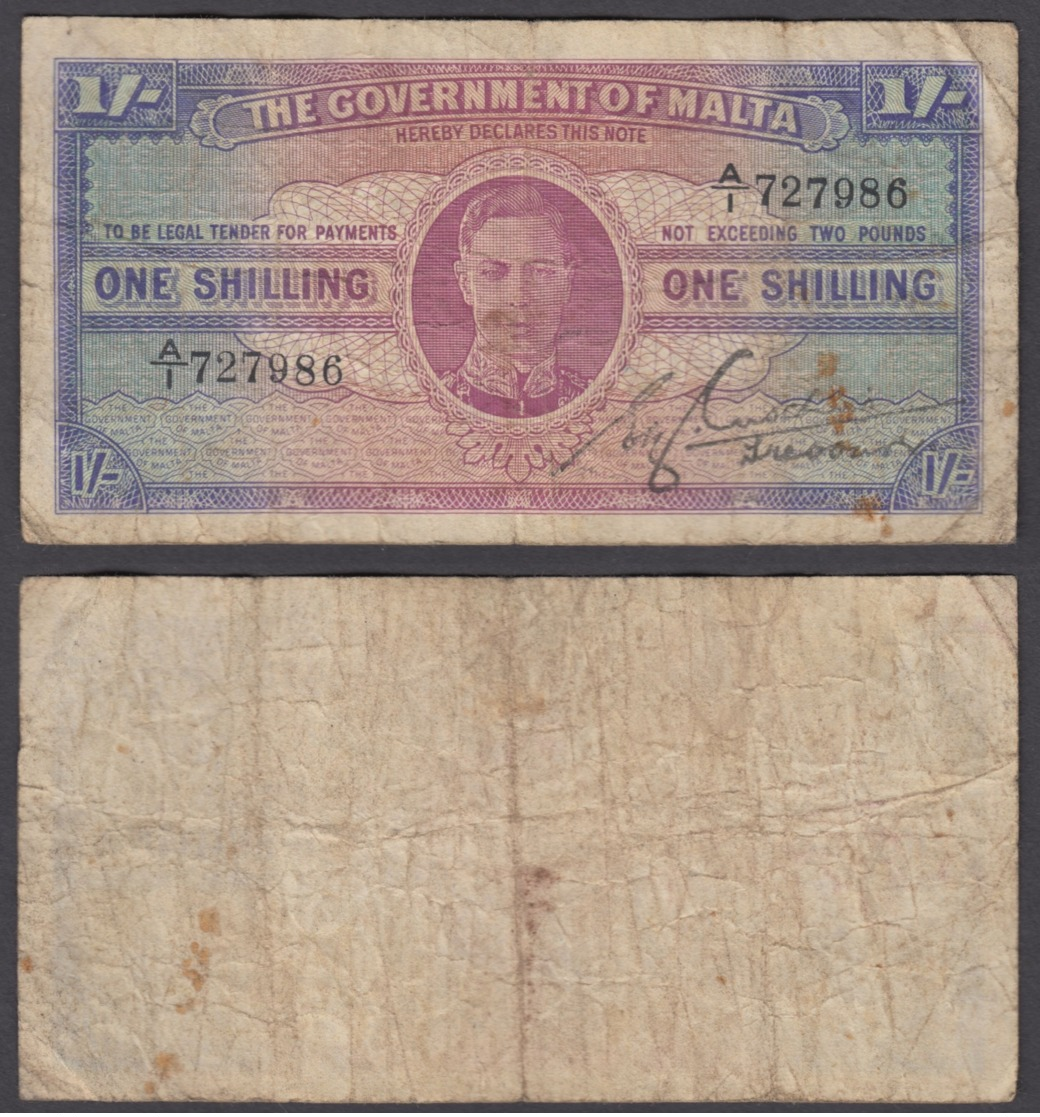 Malta 1 Shilling 1943 (F) Condition Banknote KGVI P-16 - Malta