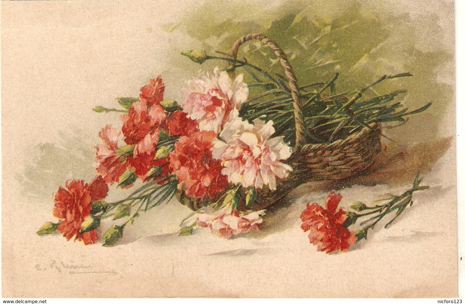 "Catherina Klein. Beautiful Carnation Flowers In A Basket" Nice Antique German Postcard - Klein, Catharina