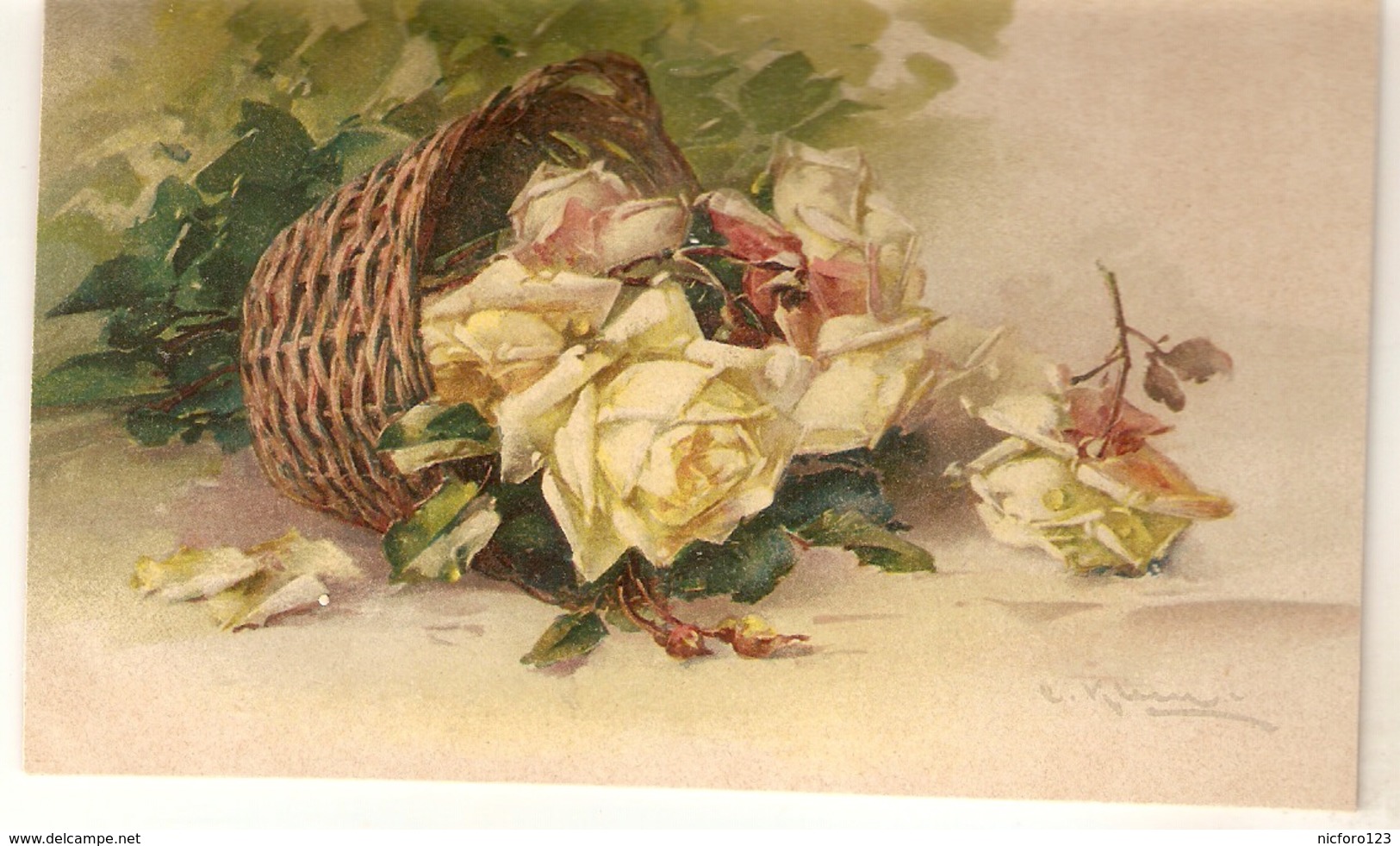 "Catherina Klein. Beautiful Yellow Roses In A Basket" Nice Antique German Postcard - Klein, Catharina