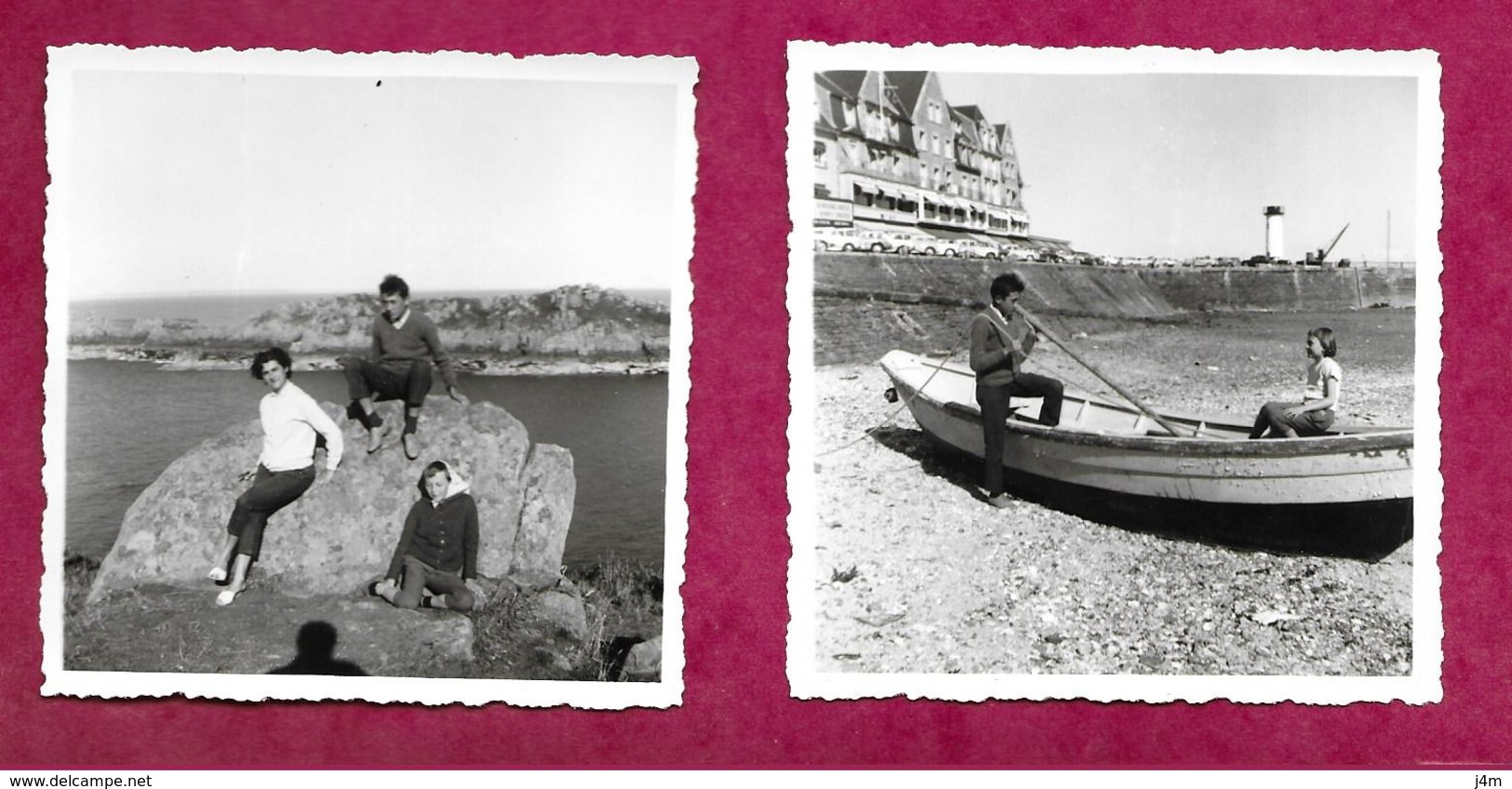 Lot De 2 PHOTOS 9 X 9 Cm .. CANCALE Et POINTE Du GROUIN (35) En 1962. FEMME Et ENFANTS, BARQUE. 2 Scans - Lieux