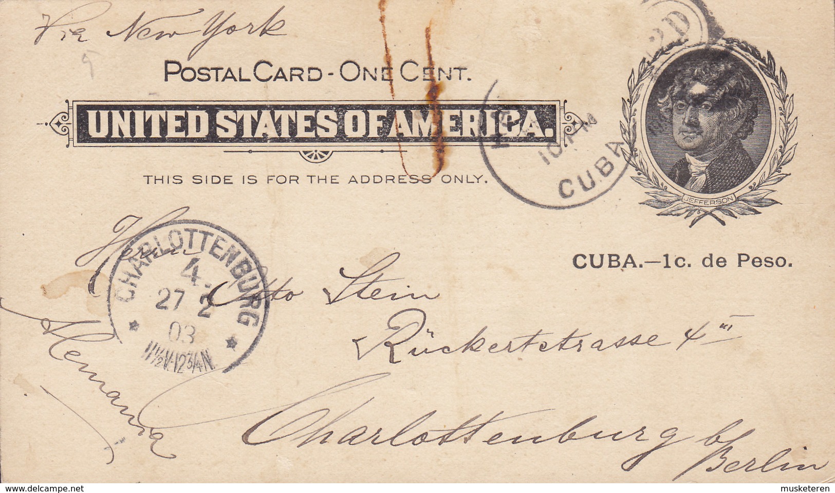 United States Possession (Uprated) Postal Stationery Ganzsache 'Jefferson' HABANA 1903 BERLIN-CHARLOTTENBURG Schiffspost - Cuba