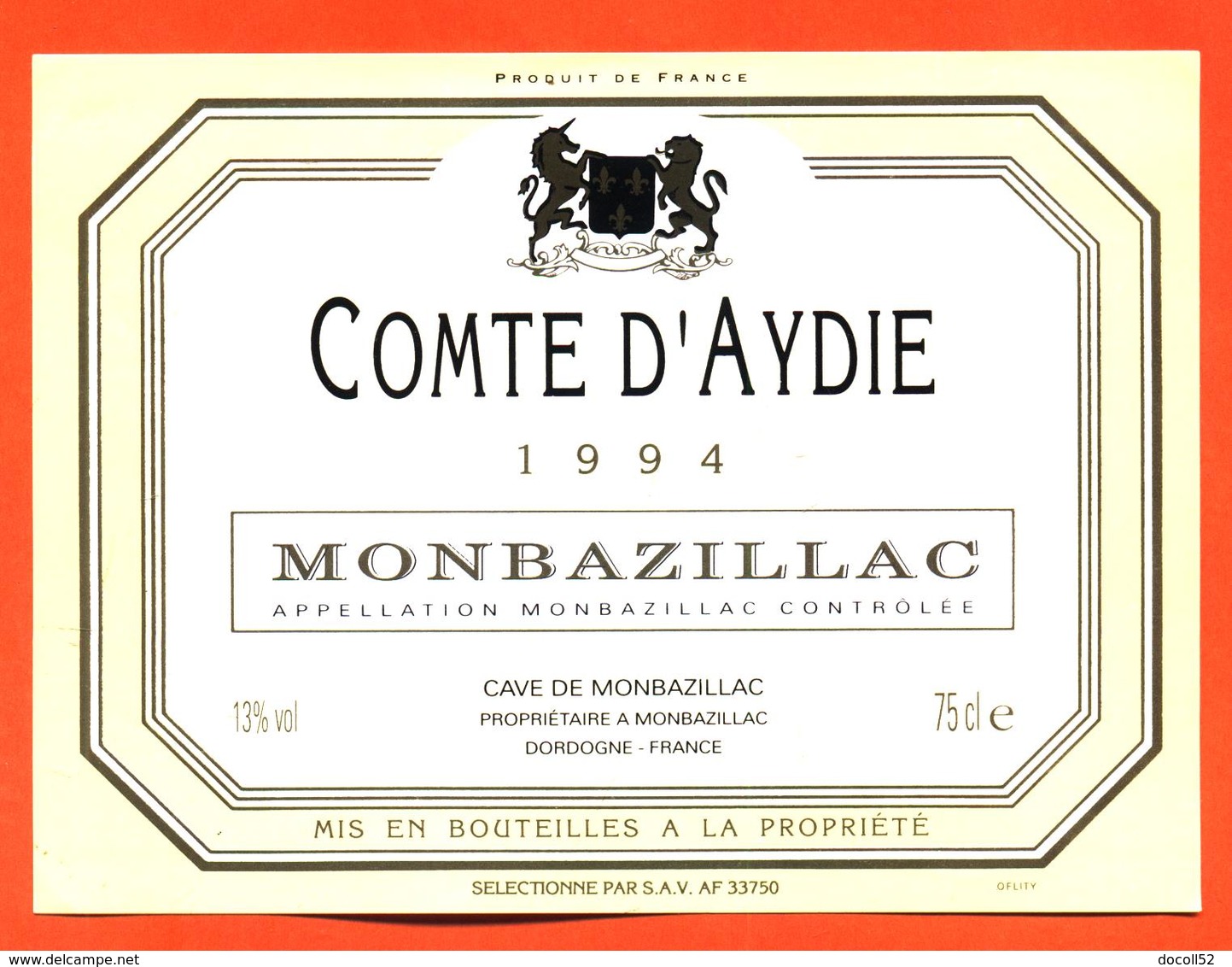 étiquette Vin De Monbazillac Comte D'aydie 1994 Caves à Monbazillac - 75 Cl - Monbazillac