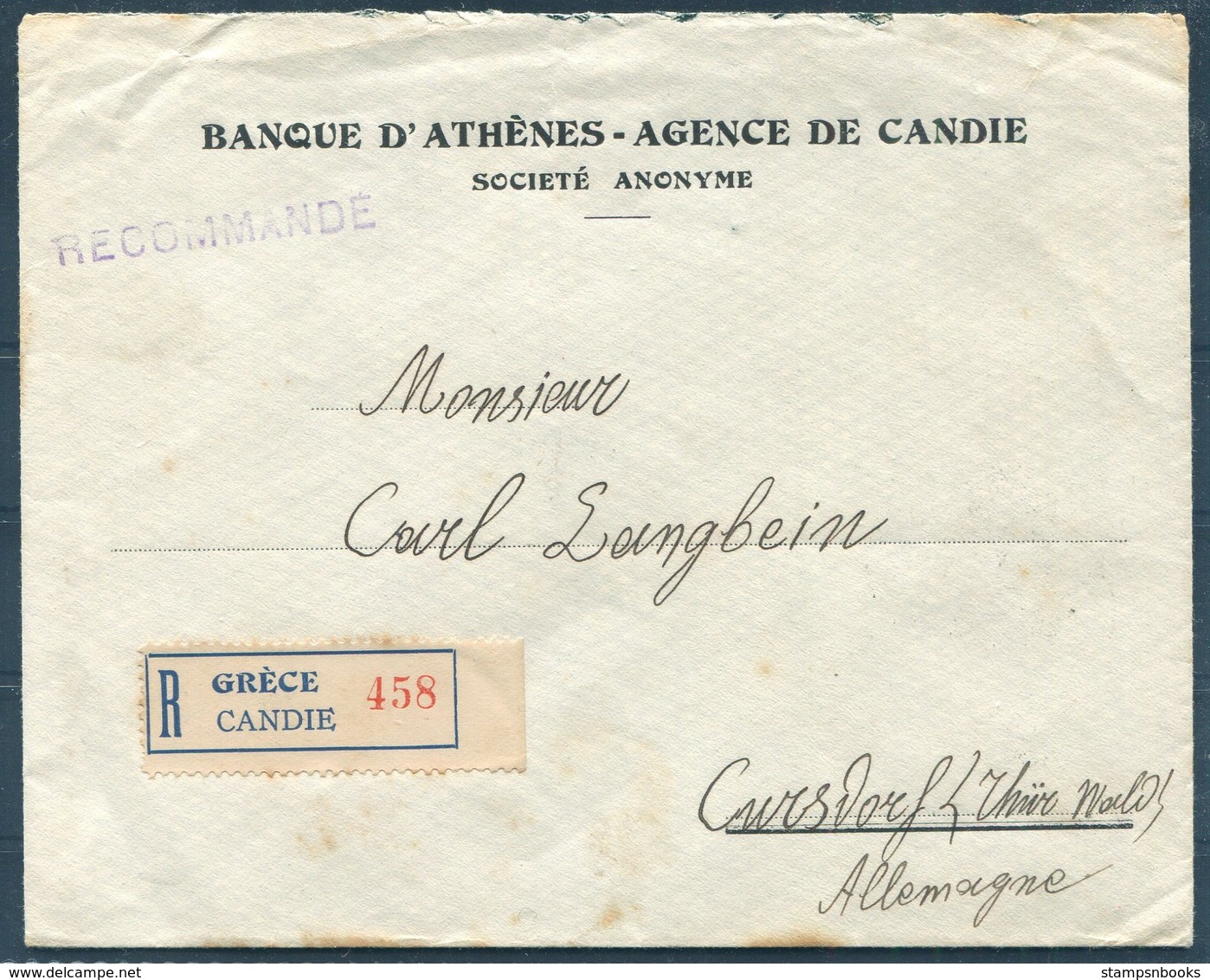 1925 Greece Banque D'Athens - Agence De Candie Registered Lord Byron Centenery Cover - Corsdorf Germany - Covers & Documents