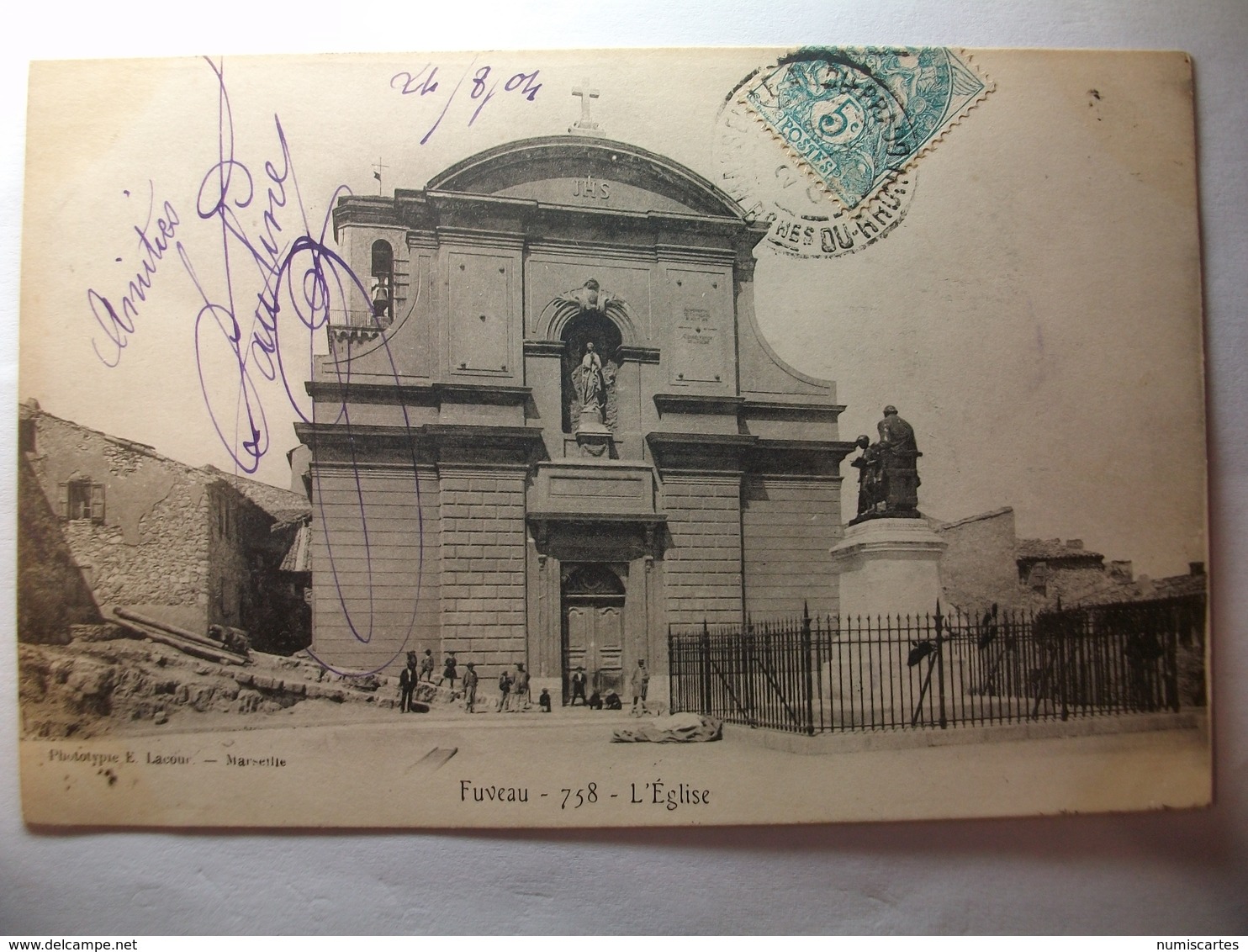 Carte Postale Fuveau (13) L'Eglise  (CPA Dos Non Divisé  Oblitérée 1904 Timbre 5 Centimes) - Autres & Non Classés