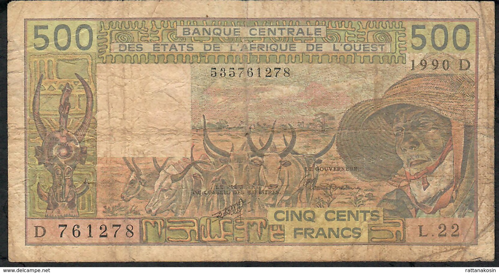 W.A.S. MALI P405Di 500 FRANCS 1990  FINE DIRTY  Only 1 Central P.h. - Stati Dell'Africa Occidentale