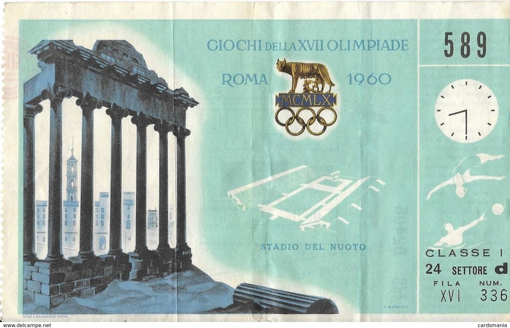 Biglietto XVII OLIMPIADE ROMA 1960 STADIO DEL NUOTO - Altri & Non Classificati