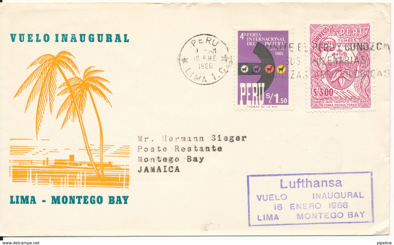 Peru First Flight Cover Lufthansa Lima - Montego Bay 16-1-1966 - Peru