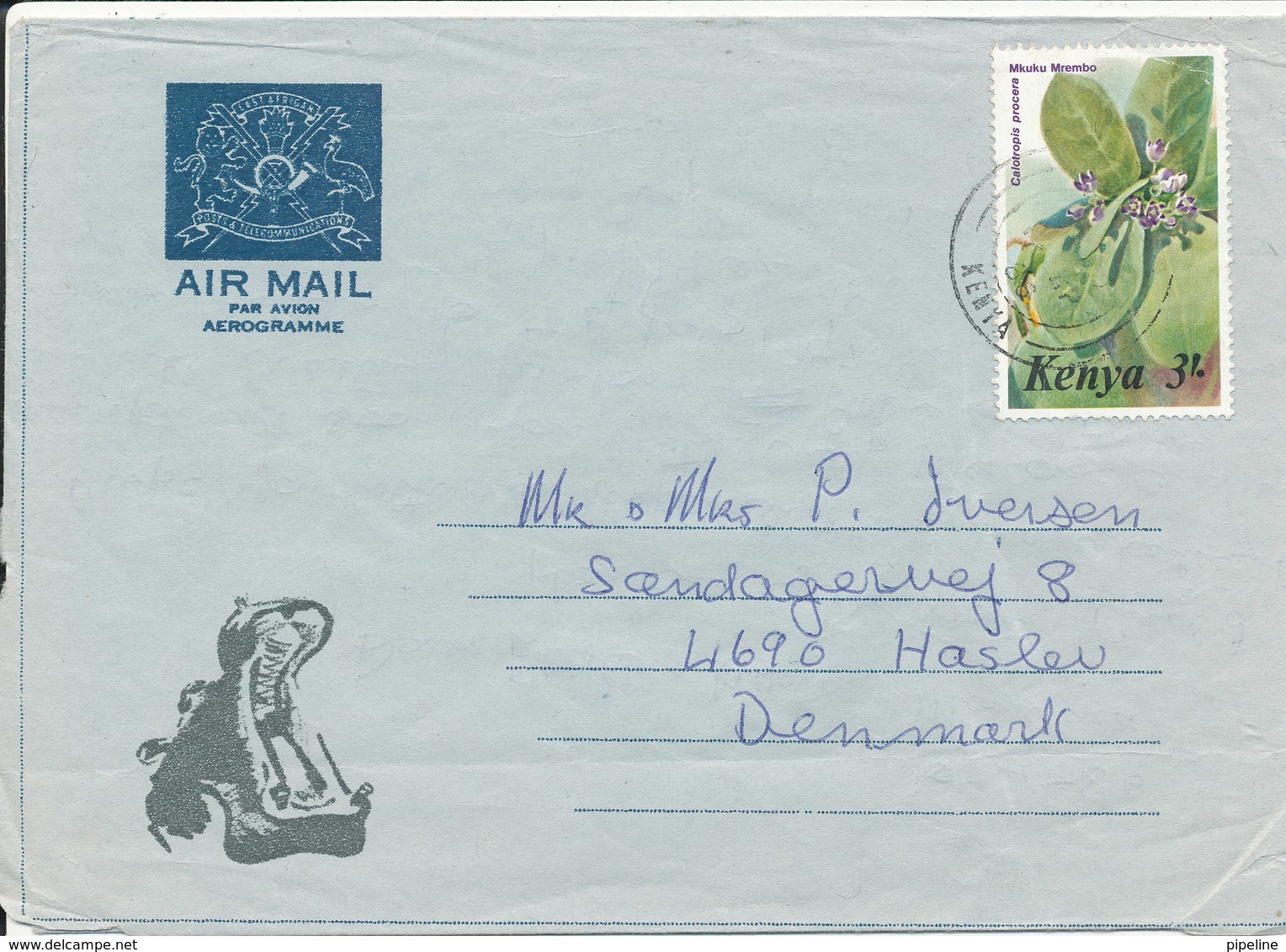 Kenya Aerogramme Sent To Denmark 18-4-1986 (the Stamp Is Bended At The Right Upper Corner) - Kenya (1963-...)